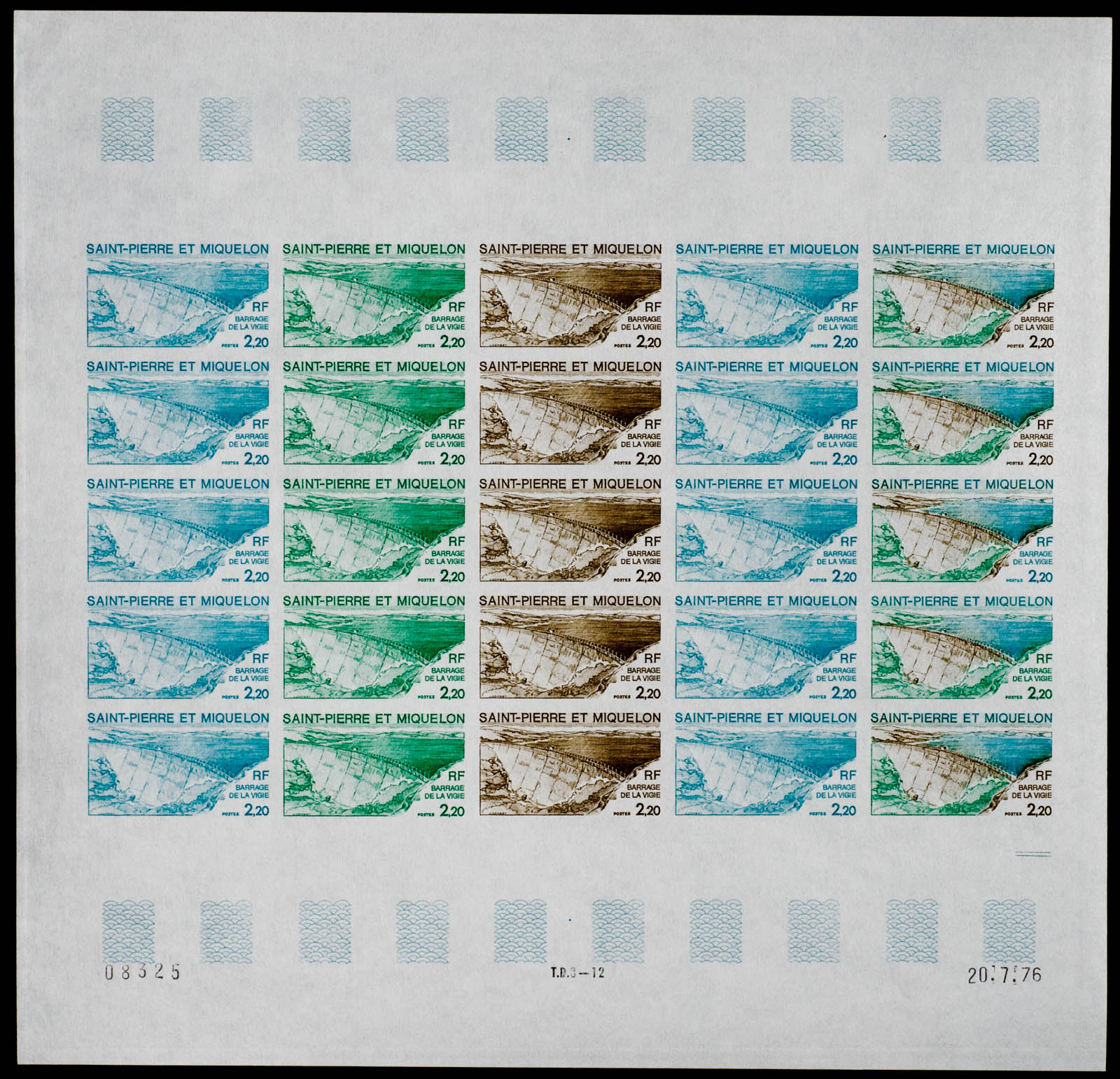 St. Pierre & Miquelon 1976 Vigie Dam Stamp Trial Color Sheet